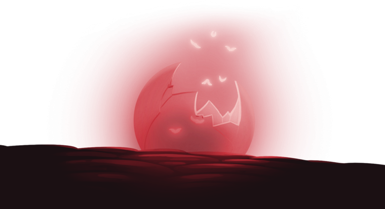 A glowing cracked shell with silk flies flying out of it, from the Info screen of Silkfly