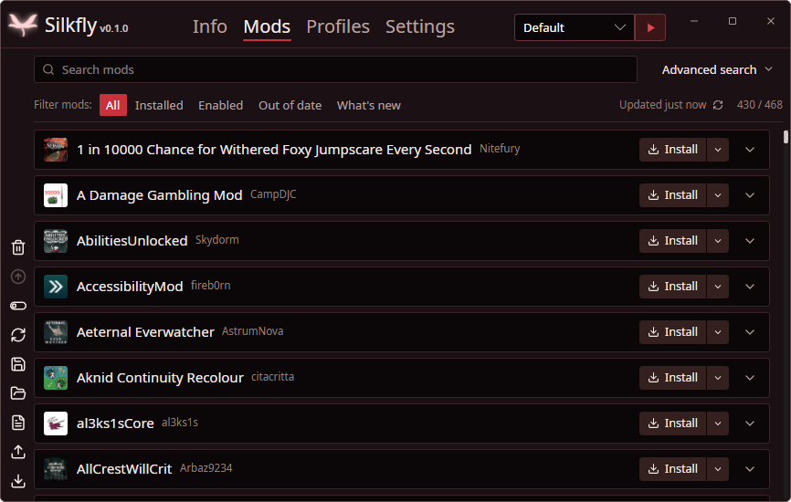 Mods screen of Silkfly: the Thunderstore catalog with search, filters and Install buttons